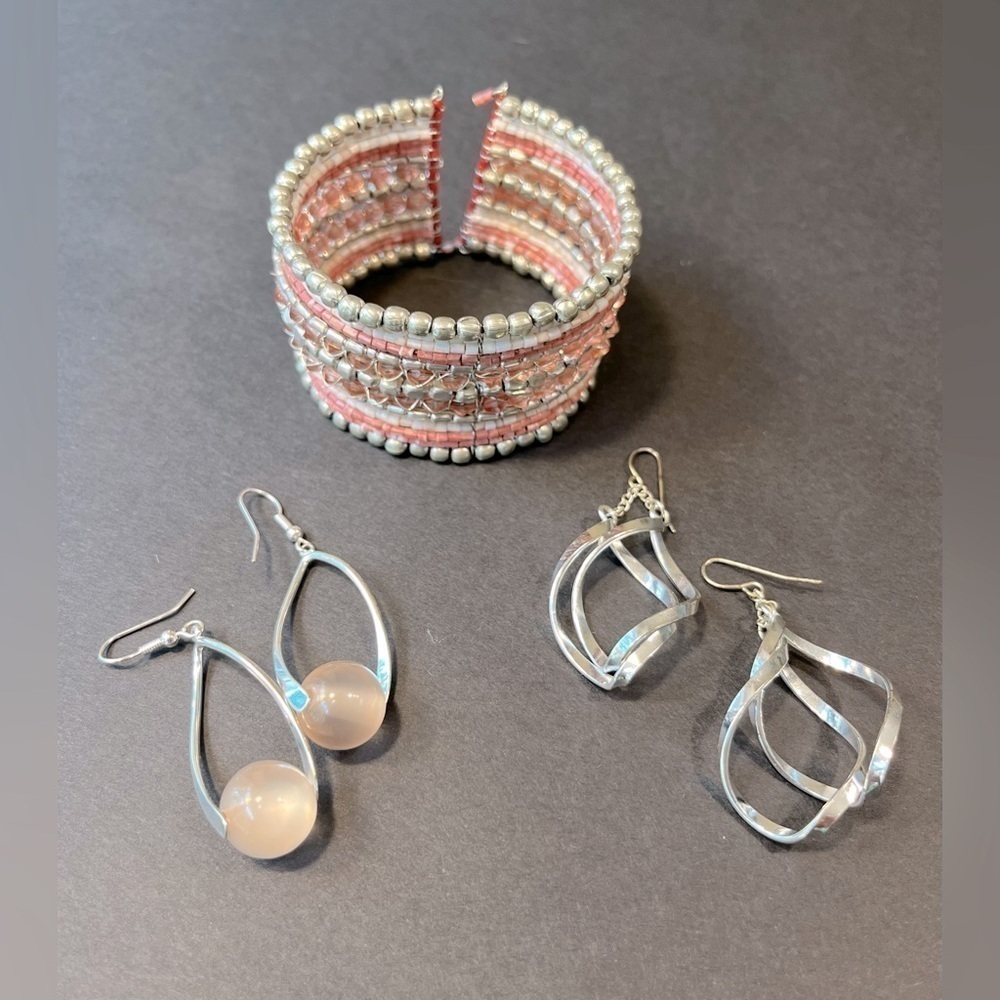 Cuff Bracelet & 2 Pairs of Earrings- Pink & Silver